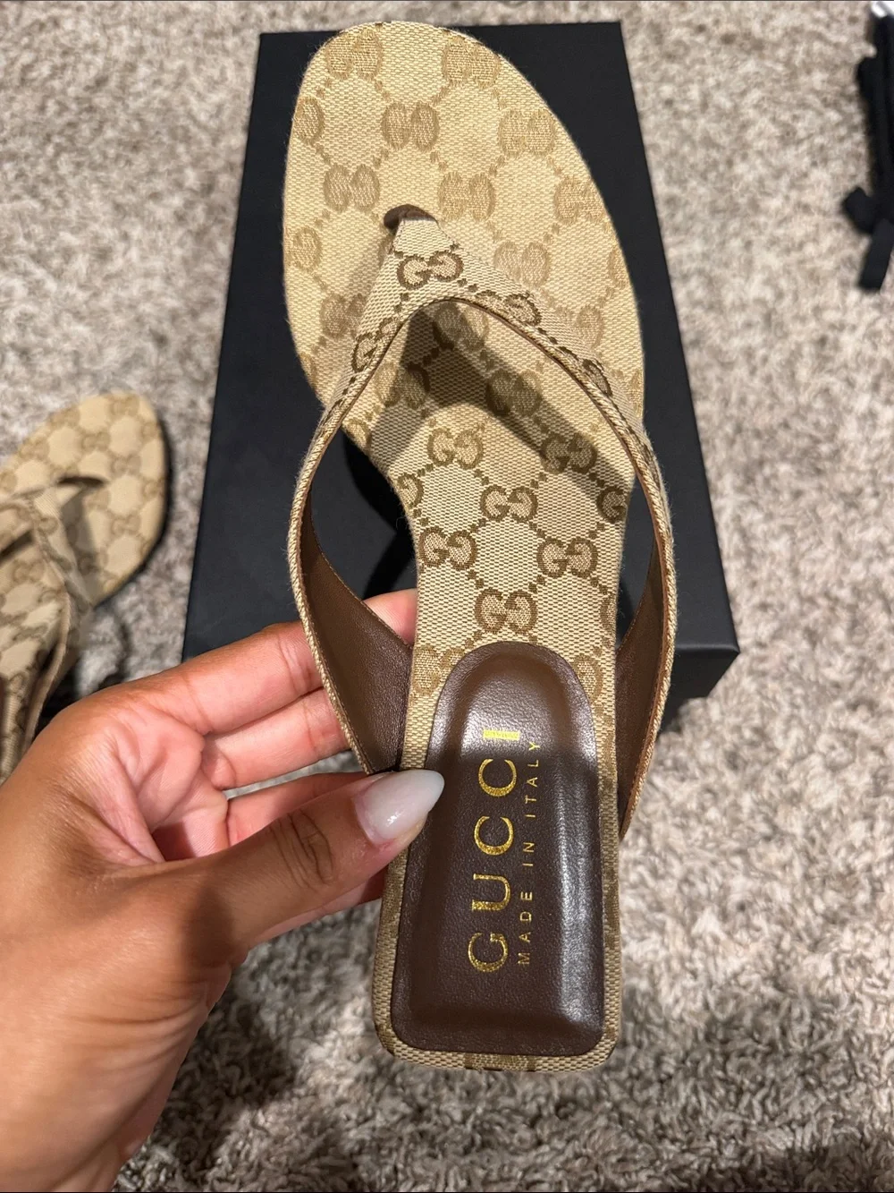 Gucci Beige Brown GG Canvas Thong Sandals